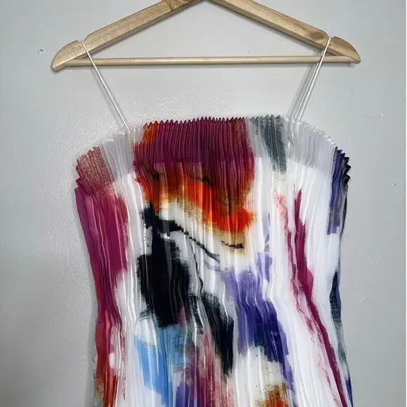 Aje Celestial Pleated Organza Sleeveless Mini Dress Abstract Pink Blue Size 6